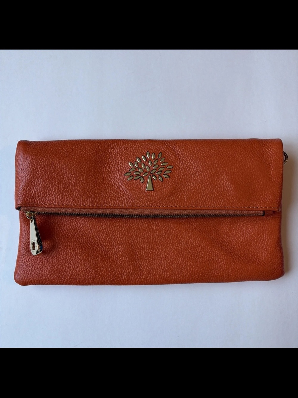 Mulberry Orange Leather Foldover Clutch with Tree Emblem